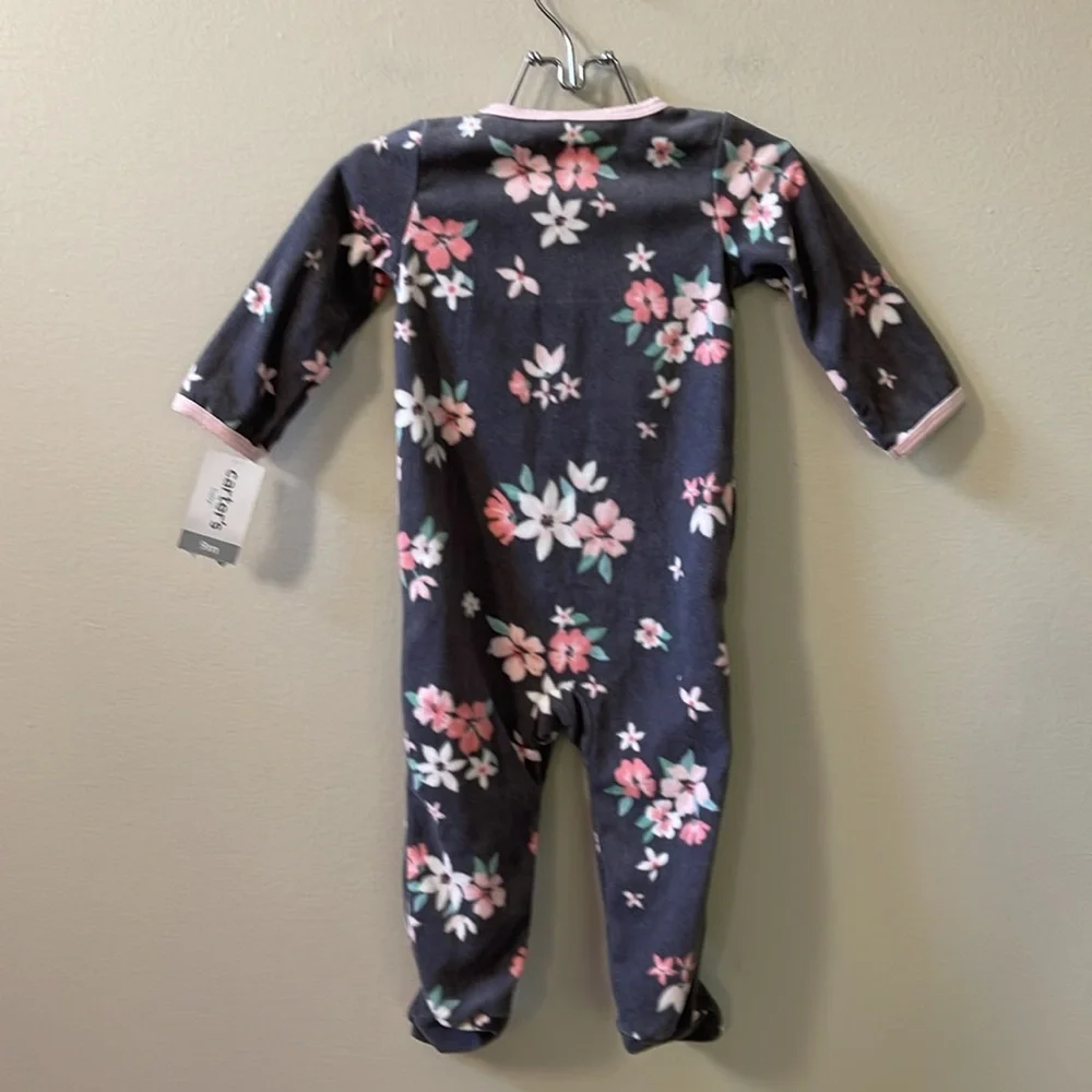 Carter's Baby Cozy Pajamas, Dark Grey with Pink & Coral Flower Print, Sz 9 Month